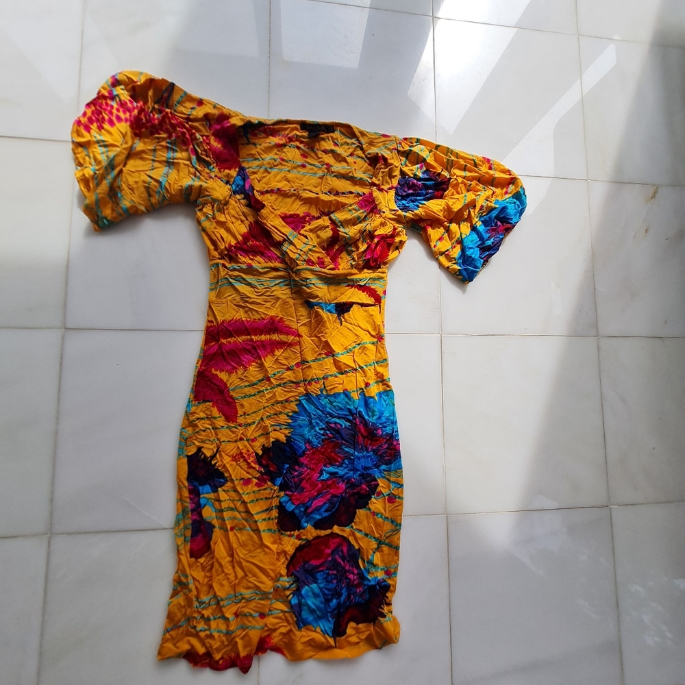 Roberto Cavalli Dress in Vibrant Yellow and Blue Mini Balloon Sleeve